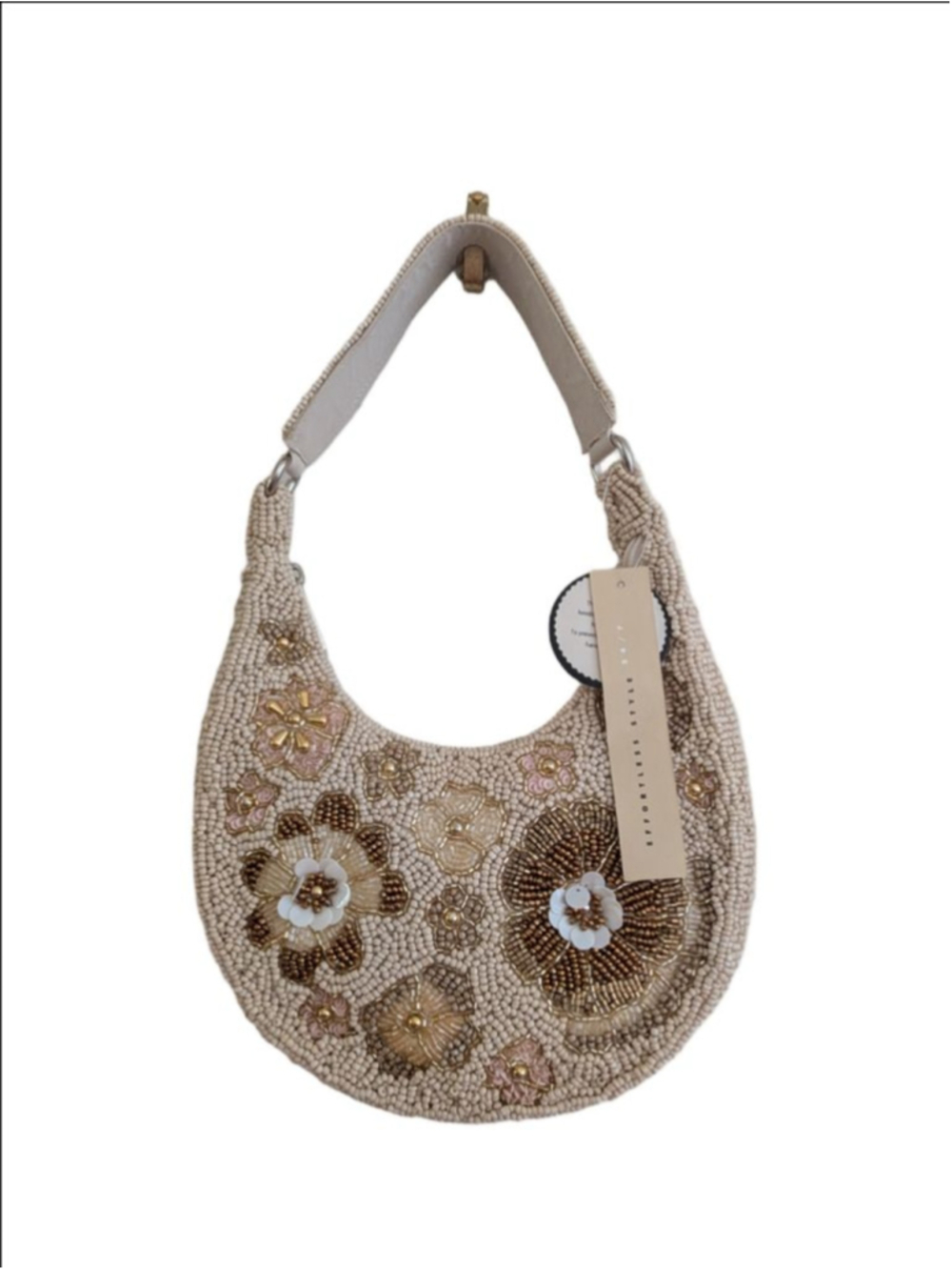 NWT Studio 12 Handmade Floral Beaded Shoulder Bag Ivory Gold Pink Made India